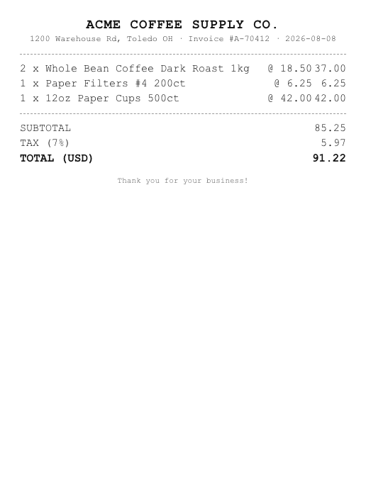 Sample receipt 1: clean supplier receipt