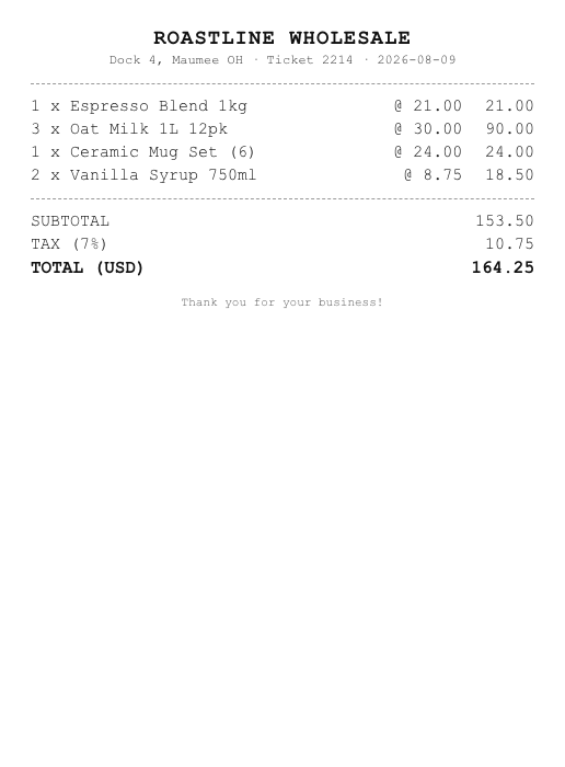 Sample receipt 2: receipt with an unknown item and a math error