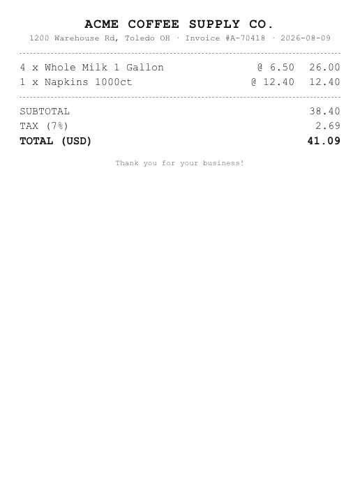 Sample receipt 3: receipt with an off-catalog price